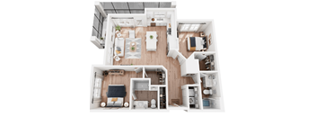 A top-down view of a modern, well-organized apartment with a kitchen, living room, and bedroom.