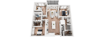 A top-down view of a modern, minimalist apartment with a central kitchen island and a living area with a sofa and coffee table.