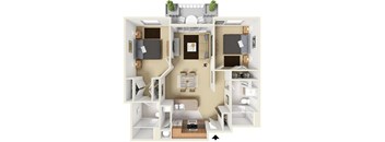 A floor plan of a small apartment with a kitchen, living room, and two bedrooms.