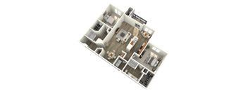 A 3D floor plan of a house with multiple rooms and furniture.