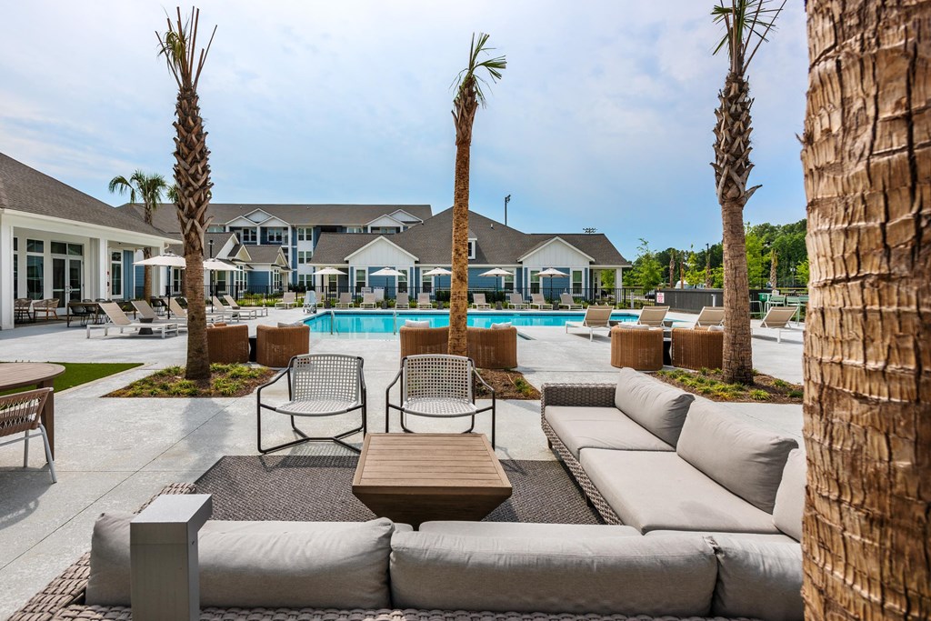a pool with couches and chairs and palm trees