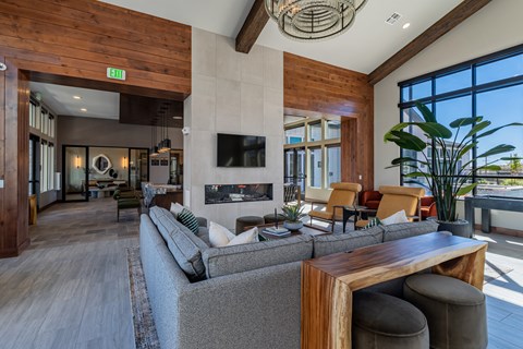 A modern living room with a grey sofa and a wooden coffee table.