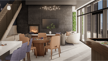 a rendering of a living room with a table and chairs and a fireplace