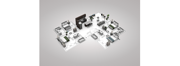 A 3D rendered image of a layout of a house with furniture.
