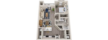 A 112" x 112" floor plan of a two-bedroom apartment with a living room, kitchen, and bathroom.