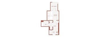 A floor plan of a house with a living area, kitchen, bath, and entry.
