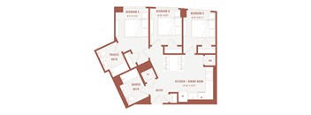 A floor plan of a house with three bedrooms, a kitchen, a dining room, a shared bath, and a private bath.