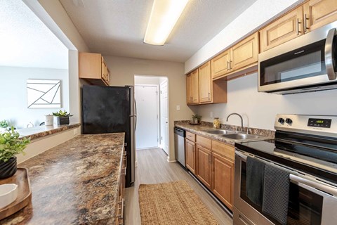 A kitchen with a black refrigerator and stove.