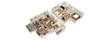 A 3D floor plan of a two-bedroom apartment with a living room, kitchen, and bathroom.