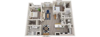 A floor plan of a two-story house with a living room, kitchen, and two bedrooms.