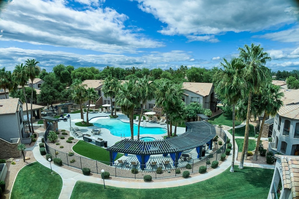 A large swimming pool surrounded by palm trees and a fence.