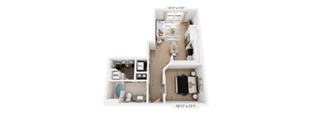 A floor plan of a small apartment with a kitchen, living room, and bathroom.