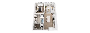 A 3D rendered image of a modern apartment layout.