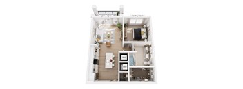 A 3D rendered image of a modern apartment layout.