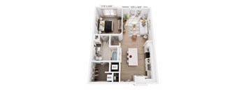 A 3D rendered image of a modern apartment layout.