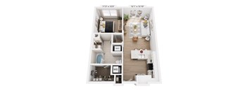 A 3D rendered image of a modern apartment layout.