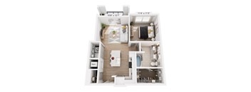 A white floor plan of a two-bedroom apartment with a living room, kitchen, and bathroom.