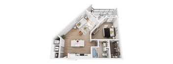 A 3D rendered image of a modern apartment layout.