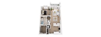 A 3D rendered image of a modern apartment layout.