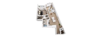 A 3D rendered image of a modern apartment layout.