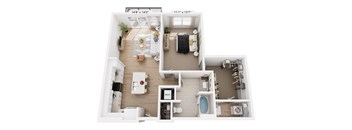 A top-down view of a small apartment with a kitchen, living room, and bathroom.