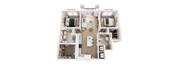 A floor plan rendering of a two-bedroom apartment with a living room, kitchen, and bathroom.