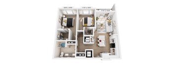 A floor plan rendering of a two-bedroom apartment with a living room, kitchen, and bathroom.