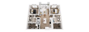 A floor plan rendering of a two-bedroom apartment with a living room, kitchen, and bathroom.