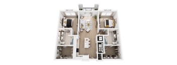 A floor plan rendering of a two-bedroom apartment with a living room, kitchen, and bathroom.