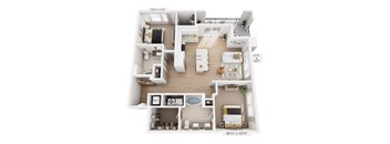 A floor plan rendering of a two-bedroom apartment with a living room, kitchen, and bathroom.