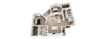 A floor plan rendering of a two-bedroom apartment with a living room, kitchen, and bathroom.