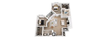 A floor plan rendering of a two-bedroom apartment with a living room, kitchen, and bathroom.