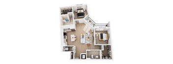 A floor plan rendering of a two-bedroom apartment with a living room, kitchen, and bathroom.