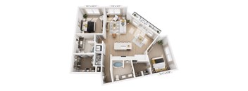 A floor plan rendering of a two-bedroom apartment with a living room, kitchen, and bathroom.