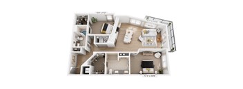 A floor plan rendering of a two-bedroom apartment with a living room, kitchen, and bathroom.
