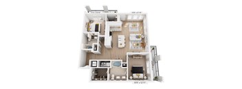 A floor plan rendering of a two-bedroom apartment with a living room, kitchen, and bathroom.
