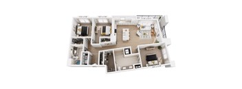 A floor plan rendering of a three-bedroom apartment with a living room, kitchen, and bathroom.