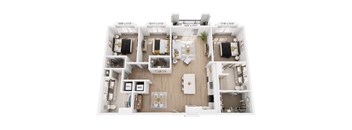A floor plan rendering of a three-bedroom apartment with a living room, kitchen, and bathroom.