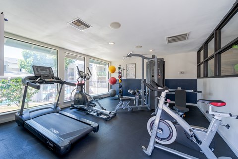 A well-equipped home gym with a treadmill, exercise bike, and other fitness equipment.