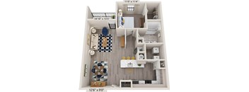 A floor plan of a small apartment with a kitchen, living room, and bathroom.