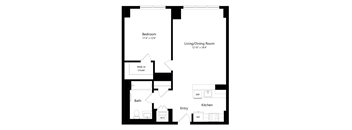 A floor plan of a small apartment with a bedroom, living/dining room, kitchen, bathroom, and walk-in closet.