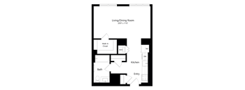 A floor plan of a living/dining room with a bath and kitchen.