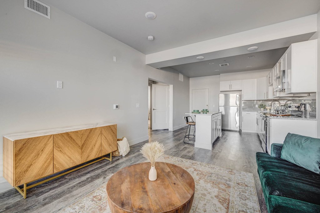 a living room with a couch and a table
