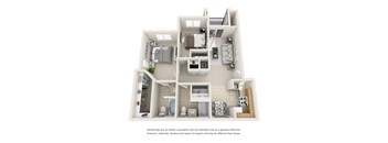 A 3D rendered image of a house layout.