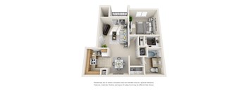 A 3D floor plan of a small apartment with a kitchen, living room, and bathroom.