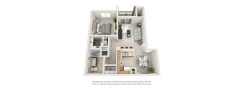 A 3D floor plan of a small apartment with a kitchen, living room, and bathroom.