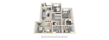 A 3D rendered image of a small apartment layout.