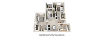 A 3D rendered image of a house layout.