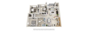 A 3D floor plan of a house with a kitchen, living room, and bathroom.