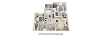 A 3D floor plan of a house with a kitchen, living room, and bathrooms.